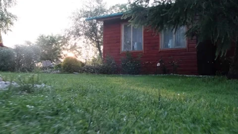 Moving over the lawn towards the setting sun Stock Footage 153084702