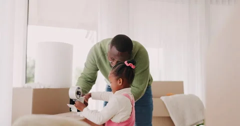 Moving, packing and tape with black family and box for new house, property and Video stock 254943177