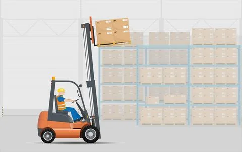 Moving pallets with boxes and lifting them onto racks in the warehouse using a Stock Illustration
