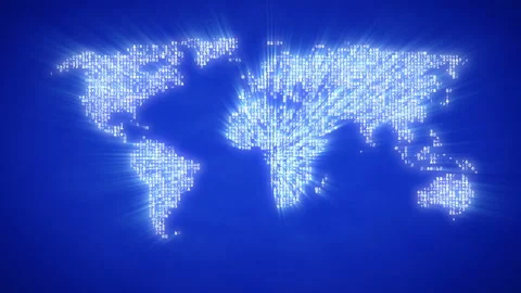 Moving particles form the silhouette of a world map Stock Footage 98744140