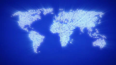 Moving particles form the silhouette of a world map Stock Footage 98744141