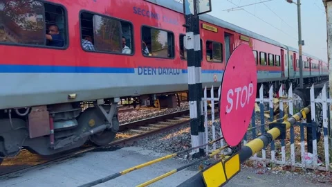 Moving passenger train passing a railway crossing while a traveler sits in an Video stock 337038386