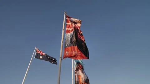 Moving past Darling Harbour flags with Australian flag slow motion 4K Stock Footage 221346445