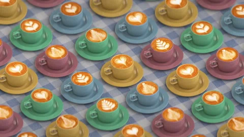 Moving Pattern of Colorful Latte Cups 3D render seamless loop animation Stock-Footage 347111179