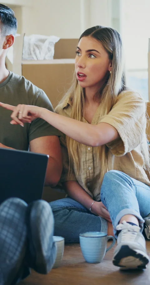 Moving, planning or couple with laptop in new home, remodeling idea or online Stock Footage 336847400