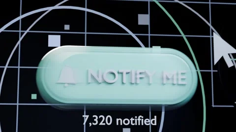 Moving pointer arrow activating pill NOTIFY ME button for updates on dark UI, Stock Footage 339194050