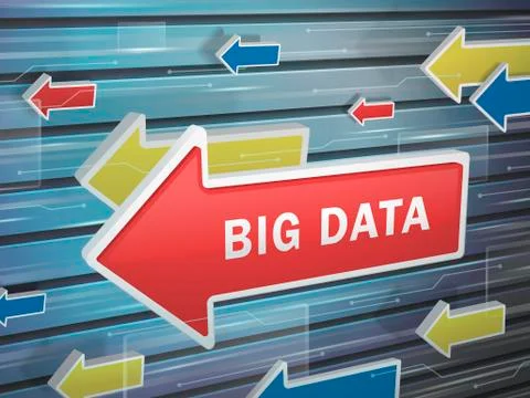 Moving red arrow of big data words Stock Illustration