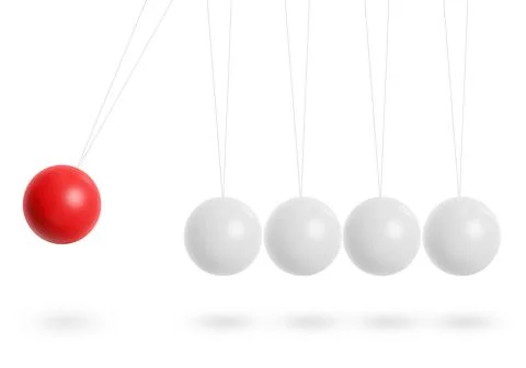 Moving red ball and stable white balls on light white background. science con Stock Illustration