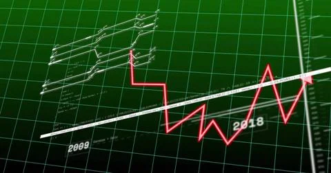 Moving red zigzag line across digital green grid dashboard, with white trend Stock Illustration
