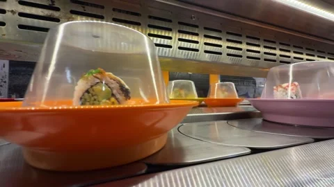 Moving restaurant plate, vibrant dinner dish, automated food system, fresh Stock Footage 334676419