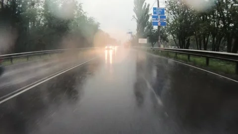 Moving on road while hard rain shower. Stock Footage 145489886