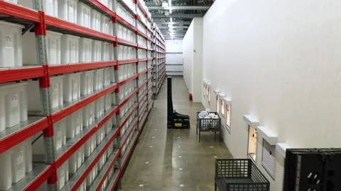 Moving robot in warehouse with containers Stock Footage 202130593