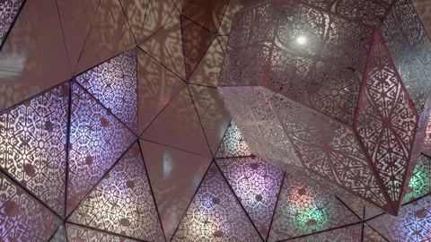 A moving round room made from triangle, square shape panels with fractal pattern Stock Footage 333354835