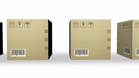 Moving row of corrugated cardboard box packages isolated on white background Stock Footage 69779029