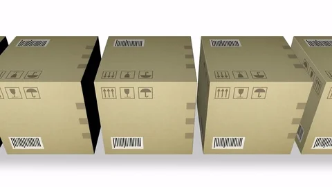 Moving row of corrugated cardboard box packages isolated on white background Stock Footage 69879966