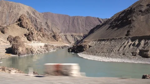 Moving scenery seen through the windows of a vehicle at Leh Ladakh, India Stock Footage 106110922