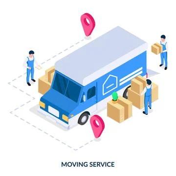 Moving service concept. Workers load boxes with things for moving to a truck. Stock Illustration