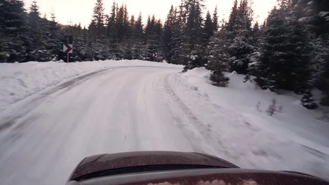 Moving shot from a car in a pine forest road covered in snow Stock Footage 83758135