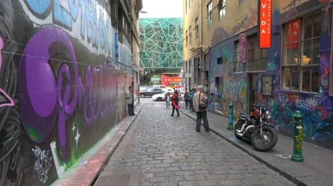 Moving shot of the Hosier Lane in Melbourne, Australia. Stock Footage 59193951