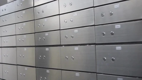 Moving shot Metal safe box panel wall. Concept for security and banking prote Stock Footage 122915985