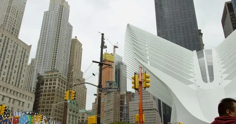 Moving Shot of The Oculus Surrounded By Impressive Skyscrapers Stock Footage 112585214