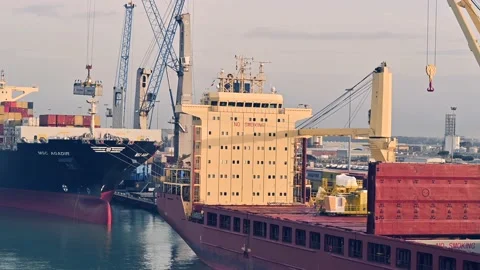 Moving shot of ship cargo containers on industrial port harbor Stock Footage 152906318