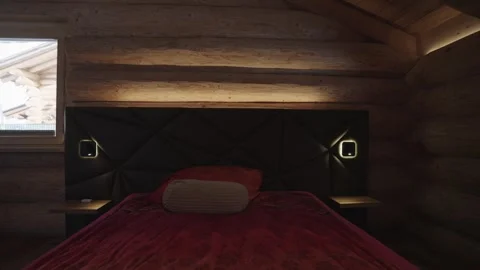 Moving shot towards a bed with red covers in a rustic wooden lodge bedroom with Stock Footage 335757073