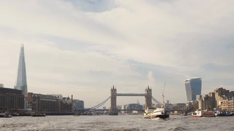 Moving shot of Tower Bridge view from a boat cruise sailing on Thames river Stock Footage 102862008