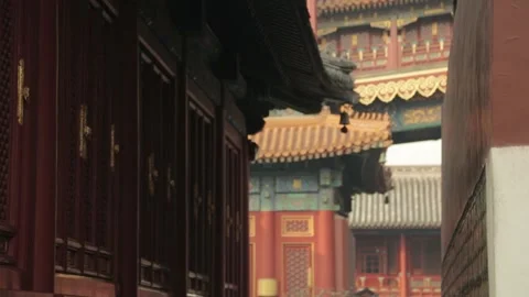 Moving Shot of Traditional Temple Corridor and Ornate Architecture in Beijing Stock Footage 345829906