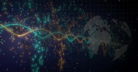 Moving sine wave data stream across digital grid overlay, with glowing data Stock Illustration