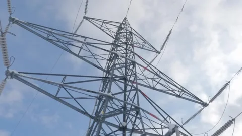 Moving slow motion under high voltage power lines Stock Footage 246108518