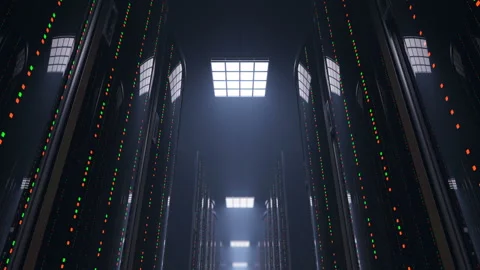 Moving slow through dark server room datacenter Stock Footage 92115024