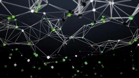 Moving structure of points, lines and triangles. Design. The camera flies inside Stock Illustration