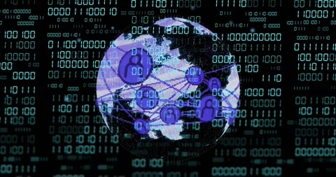 Moving teal binary front revealing clear globe rotating as purple nodes linking, Stock Footage 328417576