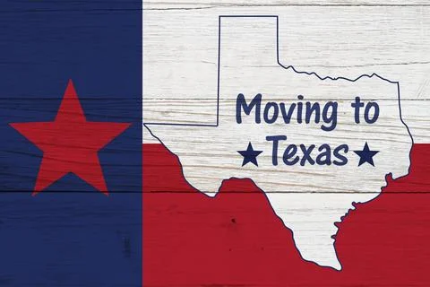 Moving to Texas message on a Texas state flag with the state map Stock Illustration