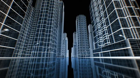 Moving Through the Abstract Digital City Wire Mesh Style. Buildings Grid Lines Stock Footage 306675417