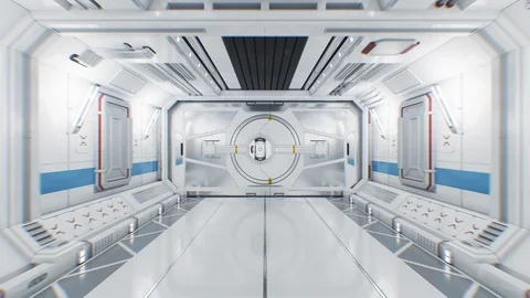 Moving Through the Abstract Spaceship Tunnel to Opening Gateway. 3d Animation Stock-Footage 120868227