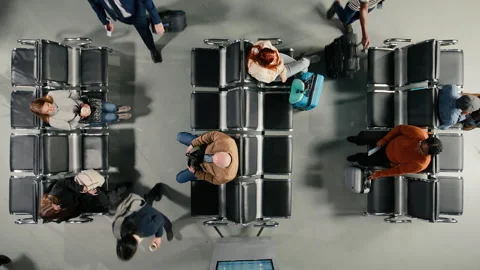 Moving through air transportation hub, busy passenger flow concept Stock Footage 334784446