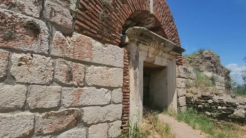 Moving Through Ancient Stone Arch Gate in Sardis Turkey Stock Footage 336799998