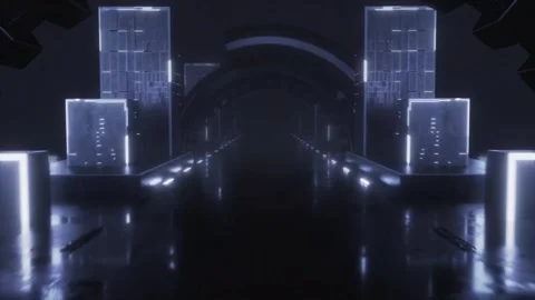 Moving through arched sci-fi hallway with neon floor lights Stock Footage 346780554