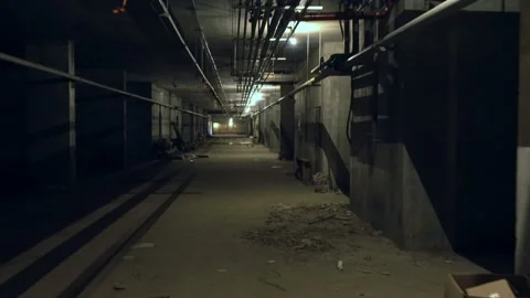 Moving through a basement with building debris Stock Footage 132355411