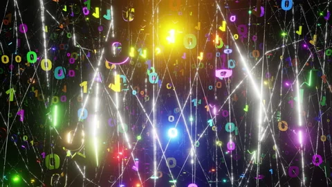 Moving through binary matrix of colorful flashing ones and zeros. Digital Stock Footage 238549095