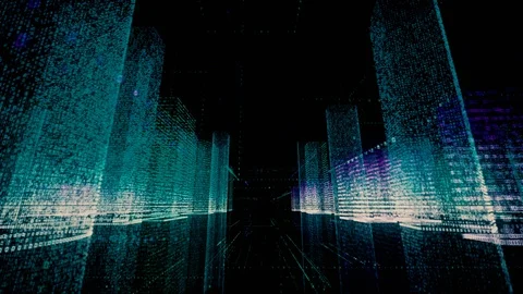 Moving through the blue and white colored model of abstract digital city Stock Footage 124961224