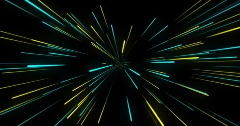 Moving through blue and yellow bright neon lines. Glowing star trails. Vidéo 121487725
