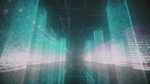 Moving through the bright azure and white colored model of abstract digital city Stock Footage 131672609