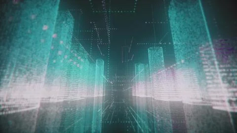 Moving through the bright azure and white colored model of abstract digital city Stock Illustration