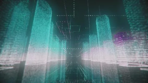Moving through the bright azure and white colored model of abstract digital city Stock Illustration