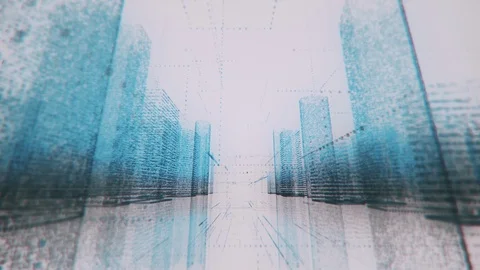 Moving through bright neon digital model of modern city made of symbols and Stock Footage 113340055