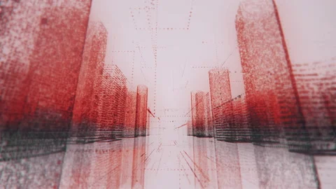 Moving through bright neon digital model of modern city made of symbols in red Stock Footage 170427155