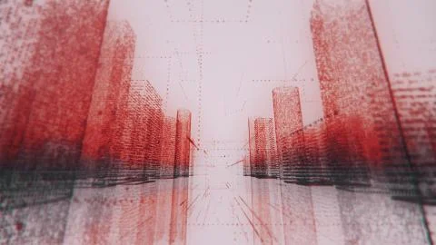 Moving through bright neon digital model of modern city made of symbols in red Stock Illustration